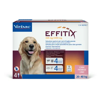 Virbac EFFITIX 268 mg/2400 mg, solución spot-on para perros grandes, fipronil/permetrina, protege contra pulgas, garrapatas y mosquitos durante 4 semanas. Caja para perros de 20–40 kg, 4 pipetas.