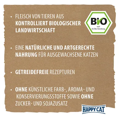 Texte en allemand : viande issue d’élevages biologiques contrôlés, alimentation naturelle pour chats adultes, recettes sans céréales, sans additifs artificiels ni sucre/soja. Happy Cat, Bio.