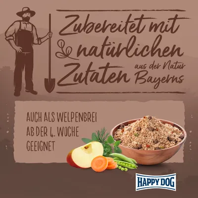 Zubereitet mit natürlichen Zutaten aus der Natur Bayerns. Auch als Welpenbrei ab der 4. Woche geeignet. Happy Dog Logo sichtbar.