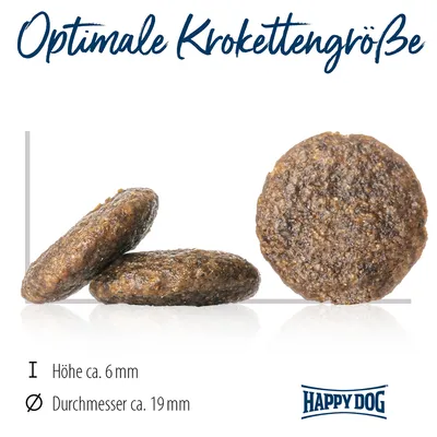Happy Dog Kroketten mit optimaler Grösse: Höhe ca. 6 mm, Durchmesser ca. 19 mm.