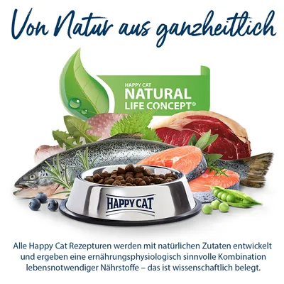 HAPPY CAT NATURAL LIFE CONCEPT avec croquettes dans une gamelle, poisson, viande, légumes et fruits visibles. Texte en allemand non traduit présent sur l’image.
