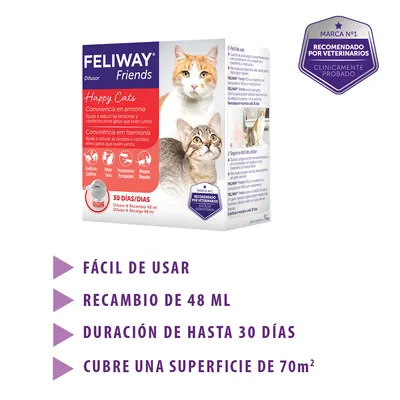 FELIWAY Friends Difusor, recambio de 48 ml, duración hasta 30 días, cubre 70 m². Recomendado por veterinarios. Fácil de usar. Convivencia en armonía para gatos.