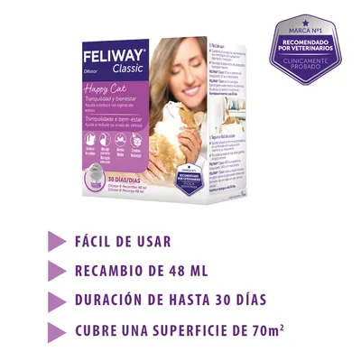 FELIWAY Classic Difusor. Recambio de 48 ml, duración hasta 30 días, cubre 70 m². Fácil de usar. Recomendado por veterinarios, clínicamente probado. Marca Nº1 visible en el envase.