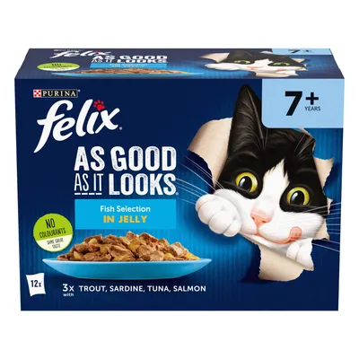 Fish Selection in Jelly, 12 pouches with trout, sardine, tuna, salmon. No colourants. For 7+ years. Product packaging shows food served on a plate.