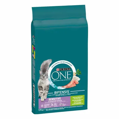 Sac de croquettes Purina ONE Bifensis Sensitive pour chat, 9,75 kg. Texte visible : 'Helps protect the gut microbiome', 'Sensitive', image d’un chat et ingrédients visibles.