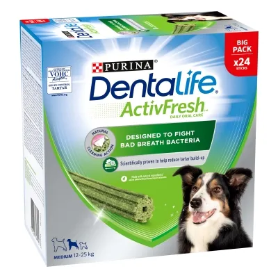 Dentalife ActivFresh daily oral care, designed to fight bad breath bacteria, scientifically proven to help reduce tartar build-up, big pack with 24 sticks, medium 12-25 kg.