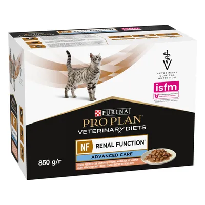 Box labelled Pro Plan Veterinary Diets NF Renal Function Advanced Care, 850g, tender pieces with salmon, veterinary clinical nutrition and ISFM logos visible.