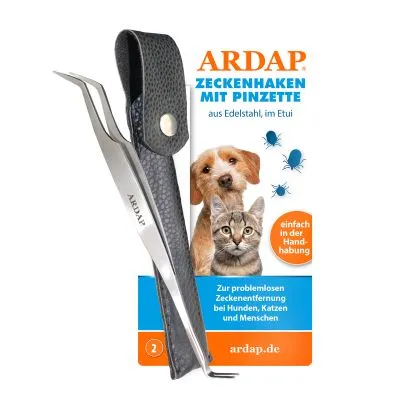 ARDAP Zeckenhaken mit Pinzette aus Edelstahl, im Etui. Zur problemlosen Zeckenentfernung bei Hunden, Katzen und Menschen. Einfach in der Handhabung. ardap.de