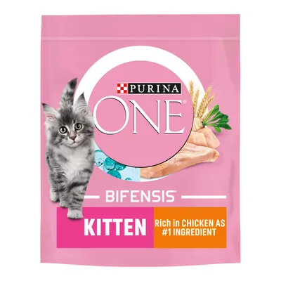Purina One Bifensis Kitten food, rich in chicken as number one ingredient, shown on pink packaging with images of chicken, grains and a kitten.