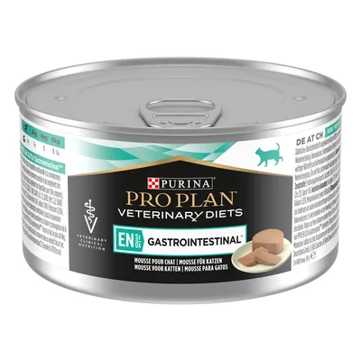 Tin labelled Pro Plan Veterinary Diets EN Gastrointestinal, mousse for cats, with feeding guide for 2kg, 4kg and 6kg body weight visible on the side. Tin labelled Pro Plan Veterinary Diets EN Gastrointestinal, mousse for cats, with feeding guide for 2kg, 4kg and 6kg body weight visible on the side.