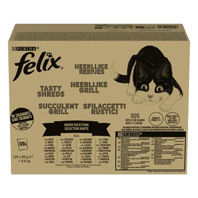 Felix Tasty Shreds and Succulent Grill mixed selection, 120 x 80g. Includes beef, chicken, salmon, tuna. No colourants, no added artificial flavours or preservatives. Complete and balanced.