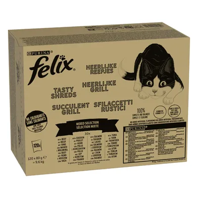 Felix Tasty Shreds and Succulent Grill mixed selection pack, 120 x 80g. Includes beef, chicken, salmon, tuna. No colourants, no artificial flavourings or preservatives.