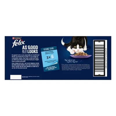 Feeding guide for senior cats: 3 pouches per day in at least 2 separate meals. Product highlights irresistible meaty pieces in jelly and provides a daily feeding recommendation.