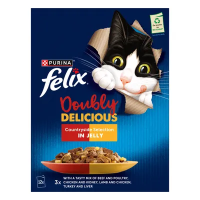 Felix Doubly Delicious Countryside Selection in Jelly, 12 packs with beef and poultry, chicken and kidney, lamb and chicken, turkey and liver. Pouches are recyclable.