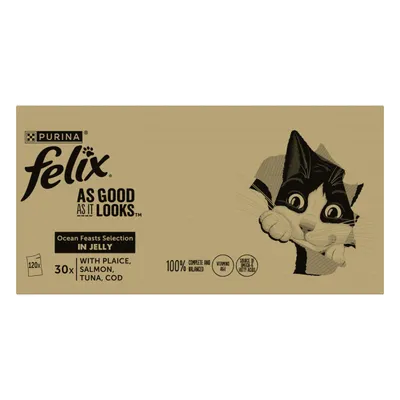 Felix As Good As It Looks Ocean Feasts Selection in Jelly, 30 packs with plaice, salmon, tuna, cod. 100% complete and balanced, contains vitamins A, E, source of omega 6 fatty acids.