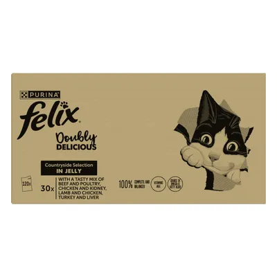 Felix Doubly Delicious Countryside Selection in Jelly, 30 packs with beef and poultry, chicken and kidney, lamb and chicken, turkey and liver. 100% complete and balanced with vitamins.