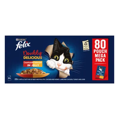 Felix Doubly Delicious Countryside Selection in Jelly, 80 pouch mega pack. Contains beef and poultry, chicken and kidney, lamb and chicken, turkey and liver. Pouches are recyclable.