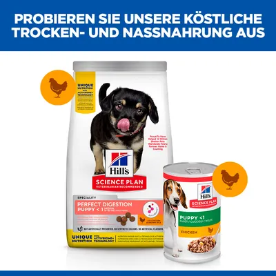 Hill's Science Plan Perfect Digestion Puppy <1 suha in mokra hrana s piščancem. Unique Nutrition z ActivBiome+ tehnologijo, priporočeno s strani veterinarjev.