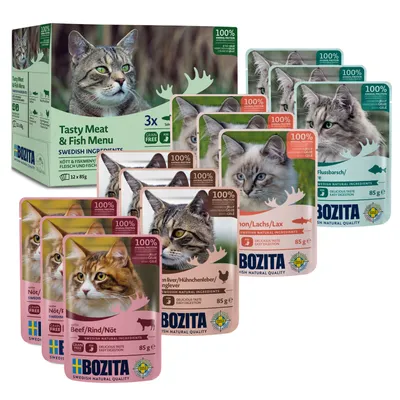 Bozita Tasty Meat & Fish Menu kattmat, 12 x 85 g portionspåsar med smakerna nöt, lax, kycklinglever och flodabborre. Text: 100 % animaliskt protein, spannmålsfritt, svenska ingredienser.