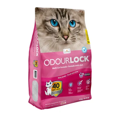 Arena para gatos OdourLock Multi-Cat Formula, 12 kg. Texto visible: Baby powder, 40 days no odours guarantee, bloquea amoníaco, extra dura, polvo fino. Imagen de gato en el envase.