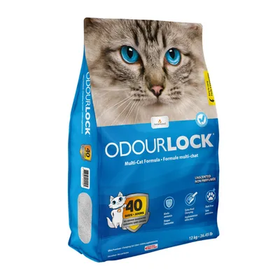 Saco de arena para gatos OdourLock Multi-Cat Formula, 12 kg. Garantía 40 días sin olores. Bloquea olores, extra aglomerante, libre de polvo. Texto en inglés y francés visible.