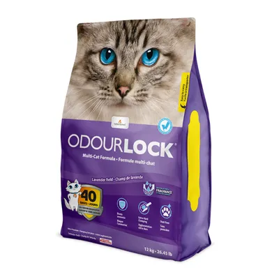 ODORLOCK Multi-Cat Formula cat litter, Lavender field scent, 40 days no odour guarantee, 12 kg bag. Visible icons: blocks ammonia, extra-hard clumping, dust free. Brand: Intersand.