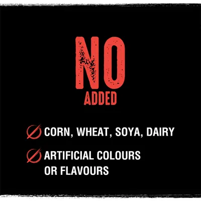 NO ADDED. Ei lisättyä: corn, wheat, soya, dairy. Ei keinotekoisia värejä tai makuja. Teksti englanniksi.