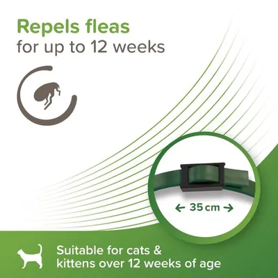 Flea collar repels fleas for up to 12 weeks, adjustable to 35 cm, suitable for cats and kittens over 12 weeks of age.