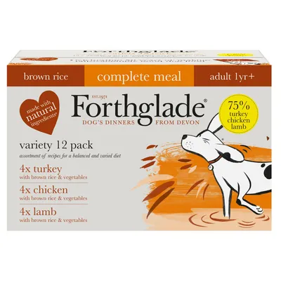Variety 12 pack with 4 turkey, 4 chicken, and 4 lamb meals, each with brown rice and vegetables. Made with natural ingredients. Contains 75% turkey, chicken, lamb. For adult 1 year plus.