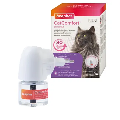 beaphar CatComfort kezdőcsomag konnektoros párologtatóval és flakonnal. Macskáknak, hat 70 m²-ig, 30 napig hatásos. Közérzetjavító feromonokkal, klinikailag igazolt.