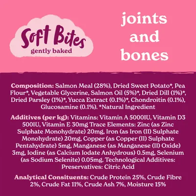 Soft Bites gently baked for joints and bones. Ingredients: salmon meal, sweet potato, pea flour, vitamins, minerals, chondroitin, glucosamine. Protein 25%, fat 11%, moisture 15%.