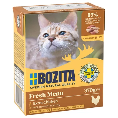 Bozita Fresh Menu mit Extra Chicken, 370g. 89% tierische Zutaten in Stückchen, Made in Sweden, ohne Getreide, Zucker und Farbstoffe.