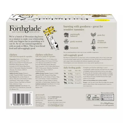 Product packaging showing ingredients, feeding guide by weight, features such as grain free and botanicals, nutritional information, and contact details for Forthglade.