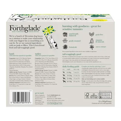 Product packaging showing feeding guide by weight, ingredient lists for lamb and turkey recipes, key features including grain free, botanicals, vitamins, minerals, and daily portion recommendations.