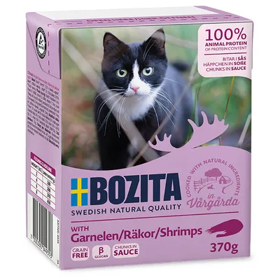 Bozita cat food with shrimp, 370g. Grain free, B glucan, chunks in sauce. 100% animal protein, made with natural ingredients in Vårgårda, Sweden.