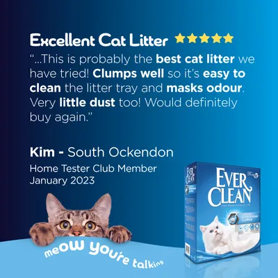 Ever Clean Katzenstreu. Bewertung: Klumpt gut, leicht zu reinigen, maskiert Gerüche, wenig Staub. Nutzerbewertung von Kim, Home Tester Club Mitglied, Januar 2023.