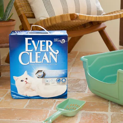 Ever Clean Katzenstreu, Super Premium Clumping, Extra Strong Clumping, 10L, Low Dust Formula. Verpackung mit weisser Katze und Symbolen für maximale Geruchsbindung.