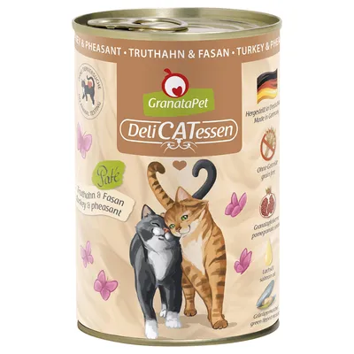 GranataPet DeliCATessen kalkkuna & fasaani, paté. Valmistettu Saksassa, viljaton, sisältää granaattiomenansiemeniä, lohiöljyä ja viherhuulisimpukkaa. Ei eläinkokeita.