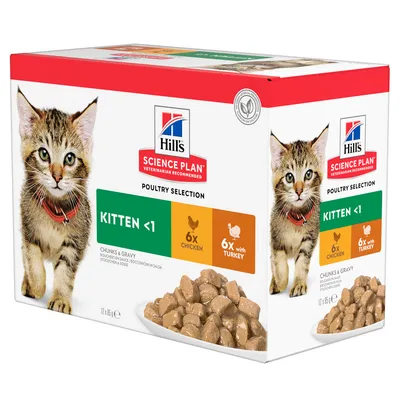 Hill's Science Plan Poultry Selection за котенца под 1 година. 6x пиле, 6x пуйка, парченца и сос, 12x85g. Препоръчано от ветеринар.