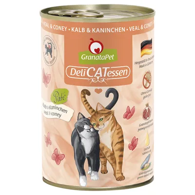 GranataPet DeliCATessen Paté vițel și iepure. Produs în Germania, fără cereale, cu semințe de rodie, ulei de somon și midie cu cochilie verde. Ilustrație cu două pisici pe conservă.