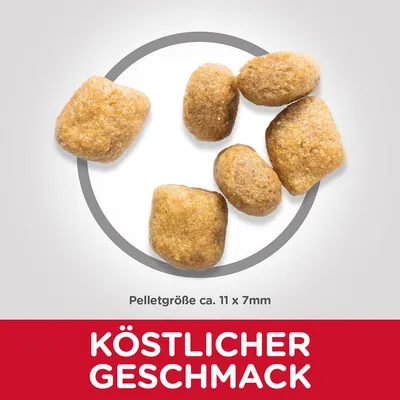 Croquettes en forme de pellets, taille indiquée : env. 11 x 7 mm. Texte en allemand : KÖSTLICHER GESCHMACK (délicieux goût).