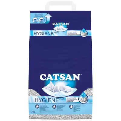 Catsan Hygiene Plus non-clumping litter, absorbs before odour develops, 100% natural litter, also suitable for kittens, 20 litre bag with easy opening instructions shown.