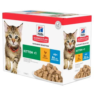 Hill's Science Plan Kitten <1, Favourite Selection, 6x пиле, 6x океанска риба, хапки и сос. Опаковка с изображение на котка и храна.