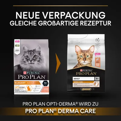 Changement d’emballage : Purina Pro Plan Opti-Derma devient Pro Plan Derma Care pour chat adulte 1+, même recette. Texte en allemand sur l’image.