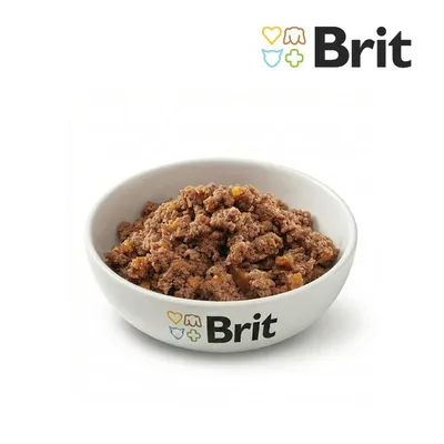 Miska z mokrą karmą, logo Brit widoczne na misce oraz w górnej części zdjęcia. Miska z mokrą karmą, logo Brit widoczne na misce oraz w górnej części zdjęcia.