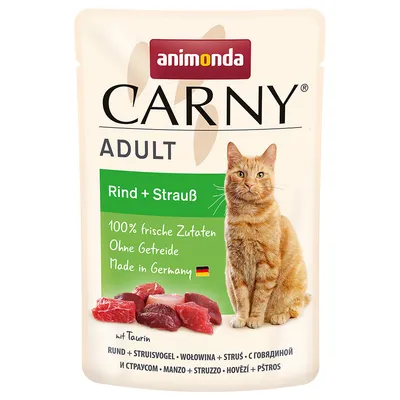 Animonda Carny Adult beef + ostrich. 100% fresh ingredients, grain-free, Made in Germany. With taurine. Image of red meat and a cat.