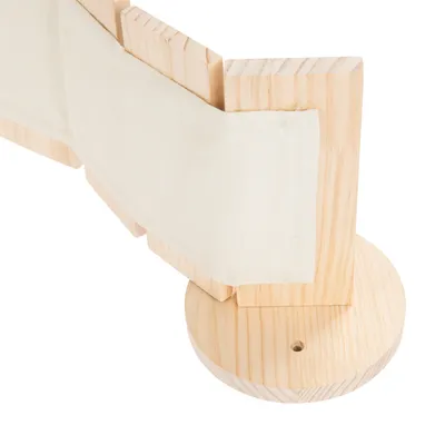 Estructura de madera con inserto de tela beige, base redonda y orificio para montaje.