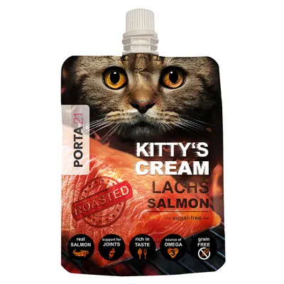 Plic PORTA21 Kitty's Cream Lachs Salmon, imagine cu fața unei pisici, somon și text: roasted, real salmon, support for joints, rich in taste, source of omega 3, grain free, sugar-free.