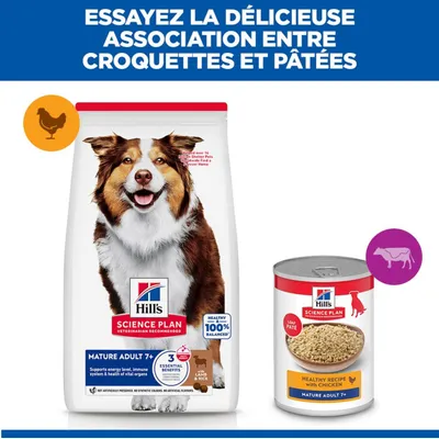 Hill's Science Plan Mature Adulte 7+ Croquettes à l'agneau & riz et aliment humide au poulet. Recommandation : combinaison de croquettes et de pâté pour chiens âgés. Hill's Science Plan Mature Adulte 7+ Croquettes à l'agneau & riz et aliment humide au poulet. Recommandation : combinaison de croquettes et de pâté pour chiens âgés.