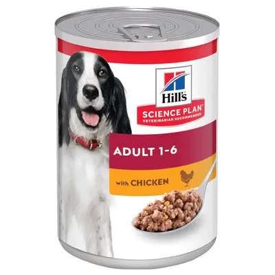 Hill's Science Plan Adult 1-6 mit Huhn. Dose mit Abbildung eines Hundes und einer Portion Nassfutter.